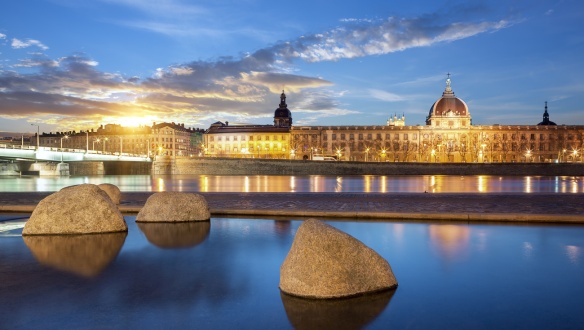 View from Rhone river in Lyon city at sunset